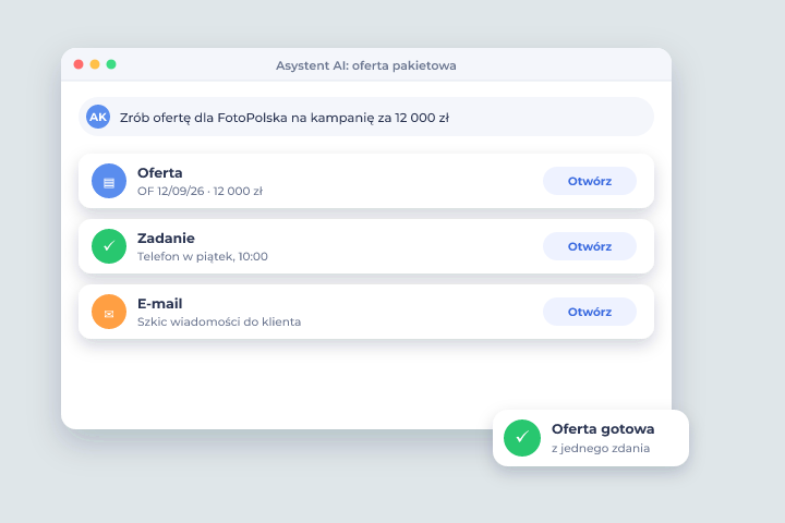 Asystent AI: oferta pakietowa - Agencje marketingowe i reklamowe Asystent AI: oferta pakietowa - CRM dla branży: Agencje marketingowe i reklamowe