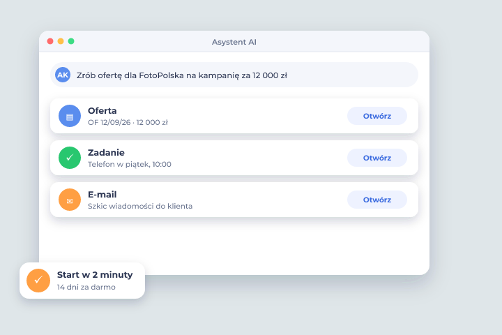 Csmart CRM: asystent AI przygotowuje ofertę, zadanie i e-mail - start w 2 minuty
