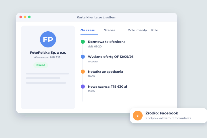 Karta klienta ze źródłem - Leady z Facebooka w Csmart CRM