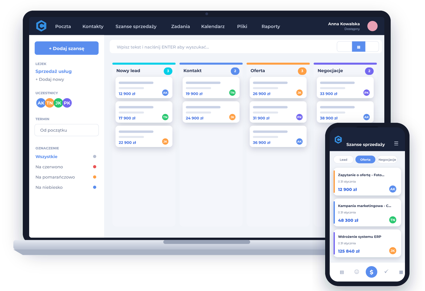 Csmart CRM z AI na laptopie i smartfonie: lejek sprzedaży i widok mobilny