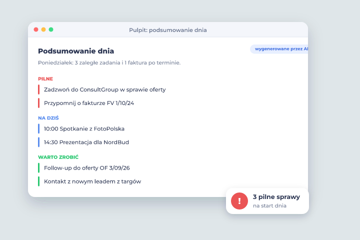 Pulpit: podsumowanie dnia - Podsumowanie dnia AI w Csmart CRM