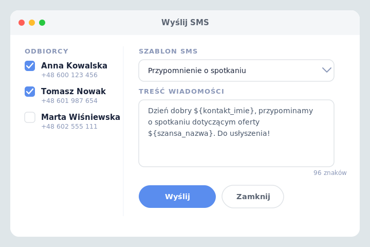 Wysyłka SMS z Tablicy szansy - SMS marketing w Csmart CRM Wysyłka SMS z Tablicy szansy - SMS marketing w Csmart CRM