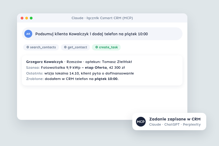 Claude z łącznikiem Csmart CRM - Claude, ChatGPT i Perplexity (MCP)
