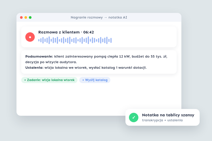 Nagranie rozmowy zamienione w notatkę - AI w Csmart CRM